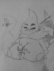 bee blush boobees boobjob colossal_breasts giant_breasts giantess heart hive_knight hive_knight_(hollow_knight) holding_breast hollow_knight humping larger_female lickyostuff_(artist) queen_vespa queen_vespa_(hollow_knight) size_difference smaller_male stinger stinger_(anatomy) taller_female taller_girl team_cherry traditional_art wasp