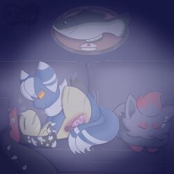 2_tails absurd_res bite_mark bodily_fluids breath digital_drawing_(artwork) digital_media_(artwork) duo fangs female furniture generation_3_pokemon generation_5_pokemon generation_6_pokemon genital_fluids genitals hi_res internal jasucharm kinktober_2025 line_art living_room looking_at_another looking_down looking_pleasured lying male male/female mawile meowstic multi_tail nintendo on_back on_top panting penile_spines penis pokemon pokemon_(species) pussy quiet_moan quiet_sex raised_leg scratching sex shaded shush sleeping sofa sofa_sex sound_effects spread_legs spreading tail teeth uterus vaginal_fluids vowelless vowelless_sound_effect zorua zzz