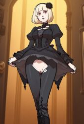 ai_assisted ai_generated black_dress black_panties blush dress european_clothes expressionless female fringe_hair gothic gothic_lolita hair_ornament king_of_fighters king_of_fighters_maximum_impact lolita_fashion low-angle_view ninon_beart no_emotion panties pantyhose purple_eyes pussy short_hair skirt_up snk thighs torn_pantyhose uninterested