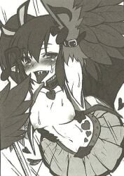 armpits blush breasts choker colorless features female_only harpy hearts_around_head monster_girl nipples open_mouth siren skirt sweat white_background