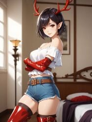 ai_generated antlers black_hair blowjob cute digitalfantasyx elf elf_ears female provocative_pose pussy red_eyes seductive seductive_expression short_hair suggestive sultry teasing usebackdooronly