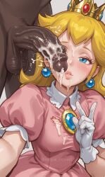 1boy 1girls ai_generated big_penis blonde_hair crown dark-skinned_male huge_cock light-skinned_female mario_(series) oppai_squad princess_peach self_upload selfie skirt