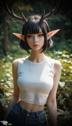 ai_generated antlers black_hair cute elf elf_ears female lingerie monster provocative_pose red_eyes seductive seductive_expression short_hair suggestive sultry teasing usebackdooronly