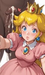 1boy 1girls ai_generated big_penis blonde_hair crown dark-skinned_male huge_cock light-skinned_female mario_(series) oppai_squad princess_peach self_upload selfie skirt