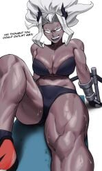 abs boots dark-skinned_female dark_skin gloves helltaker horns judgement_(helltaker) monster_girl muscular muscular_female panties sotcho sweat sweatdrop thighs white_background white_eyes white_hair