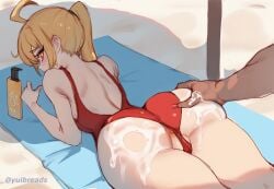 1boy ahoge anus ass back bare_arms beach beach_umbrella blonde_hair blush bottle clothing_aside female grabbing_another's_ass groping highres looking_at_viewer looking_back lotion luciana_de_montefio lying male on_stomach outdoors partially_visible_vulva ponytail pussy red_eyes shoulder_blades sidelocks sunscreen swimsuit swimsuit_aside thighs umbrella yuibread zenless_zone_zero