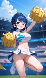 1female 1girls ai_generated bare_legs bare_shoulders belly_button blue_eyes blue_hair blush cheerleader_outfit chloenette69 disney disney_channel eyebrows eyelashes eyeshadow happy ladybug_(character) large_ass large_breasts looking_at_viewer marinette_cheng marinette_dupain-cheng miraculous:_tales_of_ladybug_and_cat_noir miraculous_ladybug no_panties petite_female pom_poms pussy skirt_lift smiling_at_viewer solo_female solo_focus stadium standing_on_one_leg thick_thighs twintails