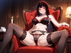 1girls ai_generated anilvl armchair bangs bare_arms bare_shoulders black_bra black_garter_belt black_hair black_panties black_thighhighs blunt_bangs blush bra breasts cake cameltoe candle card chair cleavage collarbone crotch feet_out_of_frame garter_belt garter_straps grin indoors jabami_yumeko kakegurui lace-trimmed_bra lace-trimmed_legwear lace_trim lamp large_breasts lingerie long_hair looking_at_viewer navel on_chair panties parted_lips red_bra red_eyes red_nails red_panties sitting smile solo spread_legs stomach thighhighs thighs underwear underwear_only