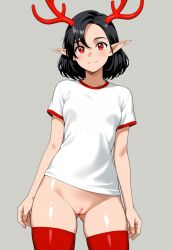 ai_generated antlers black_hair blowjob cute elf elf_ears female provocative_pose pussy red_eyes seductive seductive_expression short_hair suggestive sultry teasing usebackdooronly