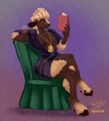 alcohol anthro beverage book bovid breasts brown_body brown_fur caprine chair clothing cloven_hooves container crossed_legs cup drinking_glass female fur furniture glass glass_container glass_cup hi_res hooves jewelry mammal necklace nipples reading robe sheep sitting solo toxiart translucent translucent_clothing wine wine_glass wool_(fur)