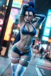 blue_hair blue_shorts blue_top earrings handbag k/da_series kai'sa league_of_legends nipples_visible_through_clothing prostitute riot_games shorts silver_earrings silver_eyes street therealzoh white_legwear white_panties