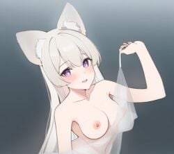 ai_generated breasts_out ladnezer naked_female purple_eyes smiling white_hair wolf_ears wolf_girl