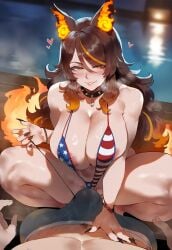 1boy 1boy1girl 1girls ai_generated american_flag_bikini breasts brown_hair full_body hot_spring huge_ass huge_breasts indie_virtual_youtuber meiogun multicolored_hair nail_polish night nipples pov red_eyes seductive seductive_look seductive_smile sinder_(vtuber) slingshot_swimsuit spread_legs squatting vtuber wide_hips wolf_girl wolf_tail