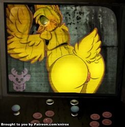 against_wall animatronic anthro anus arcade_machine ass avian beak big_butt bird chicken feathers female five_nights_at_freddy's five_nights_at_freddy's_3 glowing glowing_eyes half-closed_eyes looking_at_viewer looking_back machine monitor nude phantom phantom_chica presenting presenting_anus presenting_hindquarters presenting_pussy pussy pussy_juice robot smile solo thick_thighs video_games wings xnirox