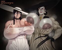 2girls alcina_dimitrescu areola_slip areolae big_breasts black_eyes black_hair breast_focus breast_press breast_to_breast breasts brown_areolae capcom dark_areolae dress ear_piercing earrings erect_nipples female female_focus female_only hair hand_on_hip hasshaku-sama hat headwear huge_areolae huge_breasts japanese_mythology justcallmejeru large_breasts lips lipstick long_nails mature mature_female mature_woman milf monster_girl mother mythology neckwear nightmare_waifu nipple_bulge nipple_kiss nipple_slip nipples nipples_visible_through_clothing public_domain puffy_nipples red_lips red_lipstick resident_evil resident_evil_8:_village short_hair steam steamy sun_hat urban_legend white_dress yellow_eyes yokai