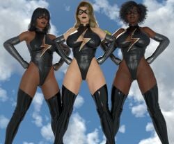 3girls afro artist_name black_hair black_lipstick blonde_hair breasts brown_eyes captain_marvel cleavage cleavage_cutout costume curly_hair dark-skinned_female dark_skin domino_mask elbow_gloves female female_only gloves hands_on_hips huge_breasts kamala_khan knockkale latex latex_clothing latex_gloves latex_legwear latex_leotard latex_thighhighs leotard makeup mask monica_rambeau ms._marvel ms._marvel_(carol_danvers) ms._marvel_(carol_danvers)_(cosplay) ms._marvel_(kamala_khan) nipple_bulge simple_background sky sky_background superhero superhero_costume superheroine thick_thighs thigh_highs thighhighs thighs