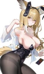 2024 alternate_costume animal_ear_fluff animal_ears arknights bare_shoulders black_choker black_leotard black_pantyhose blonde_hair breasts cellphone choker cleavage fake_animal_ears female fox_ears fox_girl fox_tail from_side hi_res huade_xiami large_breasts leotard long_hair looking_at_viewer orange_eyes pantyhose phone playboy_bunny rabbit_ears shaka_sign shirt sideboob simple_background solo tail vulpisfoglia_(arknights) white_shirt