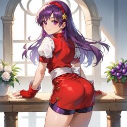 1girls ai_generated ass athena_asamiya big_ass bike_shorts cute cute_face dress earrings female from_behind gloves hair_ornament headband king_of_fighters light-skinned_female light_skin long_hair looking_at_viewer looking_back pale-skinned_female pale_skin purple_eyes purple_hair skirt smile smiling_at_viewer standing star thick_thighs thighs tied_hair voluptuous