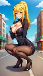 1girls ai_generated anime babe beautiful beautiful_females big_breasts blonde_hair blonde_ponytail blush buildings busty_female city cleavage crouching crouching_female curvy cute darkness_(konosuba) daytime female_only green_eyes high_heels isekai konosuba looking_at_viewer office_clothing office_lady pantyhose ponytail sexy smiling street thick_thighs toongenai unzipped zipper