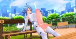 3d balls blanc blue_hair bodysuit cum fat_cock futa_only futanari huge_balls huge_cock hyper_penis masturbation neptunia_(series) penis thick_thighs