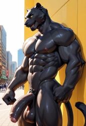 abs ai_generated anthro anthro_male balls biceps big_balls big_penis black_fur blush boss_koji_(fortnite) flaccid_penis foreskin fortnite furry gay looking_at_viewer male male_only muscular muscular_male nipples nude_male open_mouth panther pecs penis smile toned_body toned_male twall97 uncut yellow_eyes