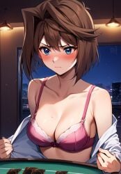 ai_assisted ai_couture ai_generated anzu_mazaki big_breasts blue_eyes bra brown_hair embarrassed large_breasts lost_bet lost_clothes short_hair strip_poker tea_gardner undressing yu-gi-oh! yu-gi-oh!_duel_monsters