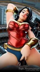 3d 3d_(artwork) 3d_model amazon amazonian biting_lip clothed_sex cowgirl_position dark-skinned_male dark_skin dc dc_comics fish_animation lia3d light-skinned_female light_skin sexy straight superheroine vaginal_penetration wonder_woman