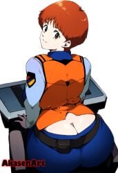 accidental_exposure ai_generated akasenart ass_cleavage ass_crack brown_hair butt_cleavage butt_crack clueless downpants fat_ass noa_izumi oblivious patlabor police police_officer police_uniform policewoman short_hair tomboy unaware wardrobe_malfunction