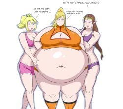 3girls bbw belly belly_button belly_grab big_belly big_breasts blonde_hair blue_eyes blush breasts crown dialogue earrings fat hand_on_belly huge_belly large_belly large_breasts legwear long_hair mario_(series) metroid mizz-britt nintendo overweight overweight_female ponytail princess_peach princess_zelda purple_eyes samus_aran sports_bra sportswear the_legend_of_zelda thick_thighs thighs white_background zelda_(twilight_princess)