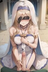 1boy 1boy1girl 1girls ai_generated big_breasts blindfold blonde_hair blush breasts clothed clothing clowenqq female goblin_slayer hand_on_penis male penis sword_maiden_(goblin_slayer) uncensored