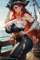 ai_generated big_breasts blue_eyes cleavage fanart female female_focus female_only league_of_legends looking_at_viewer miss_fortune pirate pirate_hat red_hair skin_tight skindentation smile stable_diffusion thick_thighs winterzone