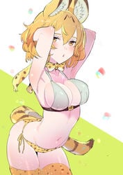 alternate_breast_size alternate_costume animal_ears animal_print arched_back armpits arms_behind_head arms_up bare_arms bare_shoulders bikini blonde_hair bow bowtie breasts cleavage collarbone contrapposto cowboy_shot elbow_gloves female gloves hair_between_eyes kemono_friends large_breasts leaning_forward leopard_print light_brown_eyes looking_at_viewer open_mouth serval_(kemono_friends) serval_ears serval_print serval_tail short_hair sideboob sketch solo striped_tail swimsuit tail tajima_ryuushi thighhighs thighs yellow_legwear