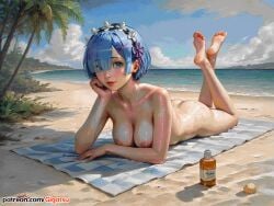 ai_generated barefoot beach blue_hair breasts feet gigatsu looking_at_viewer lying lying_on_stomach naked naked_female nipples oiled re:zero_kara_hajimeru_isekai_seikatsu rem_(re:zero) summer toes