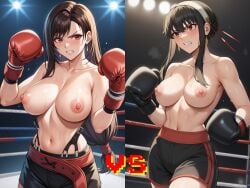 2girls ai_generated angry boxing boxing_gloves boxing_ring boxing_shorts breasts breasts_out catfight fight fighting_ring final_fantasy final_fantasy_vii final_fantasy_vii_remake ndsilver059 spy_x_family sweat tagme tifa_lockhart topless topless_female versus vote yor_briar yor_forger