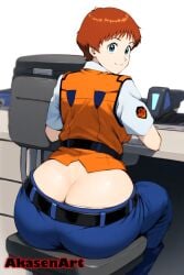 accidental_exposure ai_generated akasenart ass_cleavage ass_crack brown_hair butt_cleavage butt_crack clueless downpants fat_ass noa_izumi oblivious panty_peek panty_slip patlabor police police_officer police_uniform policewoman short_hair tomboy unaware wardrobe_malfunction