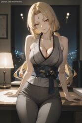 1girl ai_generated bangs bare_shoulders blonde_hair breasts brown_eyes cleavage collarbone facial_mark forehead_mark hi_res high_quality high_resolution indoors large_breasts long_hair looking_at_viewer naruto_(series) pants parted_bangs patreon seductive sexy sitting sleeveless smile solo tsunade uncensored watermark