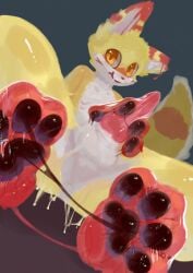 4_toes absurd_res anthro anus balls black_pawpads blush canid canine dripping falni feet foot_focus fox fur genitals hand_on_penis hi_res kemono knot licking licking_lips looking_at_viewer low-angle_view male mammal masturbation melting orange_eyes pawpads paws penis shaded simple_background slime smile soft_shading soles solo sticky toes tongue tongue_out white_body yellow_body yellow_fur