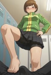 1boy 1girl1boy 1girls ai_generated annoyed bike_shorts blush blushing brown_eyes brown_hair bulge bulge_through_clothing clothed feet feet_on_penis femdom from_below jacket locker_room looking_at_penis persona persona_4 satonaka_chie school_uniform skirt spats teasing teasing_penis thighs tomboy track_jacket upset username37372