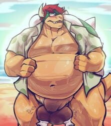 anthro balls bara barazoku belly blush booneyard bowser disembodied_hands flaccid glasses holding_balls horns male male_only mario_(series) muscles muscular musk nintendo overweight pantsless penis scalie sirmonsterfucko sweat sweating turtle