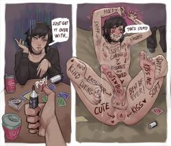 1boy armpit_fetish armpit_hair armpits arms_up big_penis black_eyes black_hair black_nail_polish black_nails blush blushing body_writing choker color colored commission commission_art ellunateca embarrassed embarrassed_nude_male english english_text feet feminine_male foot_fetish instant_loss instant_loss_2koma laying_on_back light-skinned_male light_skin looking_away looking_away_from_viewer male male_only medium_hair multiple_images naked naked_male nude nude_male original original_character original_characters painted_nails painted_toenails playing_cards precum precum_drip presenting presenting_anus presenting_penis secretly_loves_it solo solo_focus solo_male text thick_thighs twink wholesome_body_writing