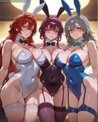 3girls ai_generated alternate_costume animal_ears ass_visible_through_thighs bare_shoulders black_bow black_bowtie black_leotard blue_bow blue_leotard blush bow bowtie breasts cleavage collarbone covered_navel dandanhub detached_collar fake_animal_ears fake_tail garter_straps grey_hair grin hair_between_eyes hairband highleg highleg_leotard himeko_(honkai:_star_rail) honkai:_star_rail honkai_(series) kafka_(honkai:_star_rail) large_breasts leotard long_hair looking_at_viewer mole_on_breast multiple_girls parted_lips playboy_bunny purple_eyes purple_hair purple_leotard purple_thighhighs rabbit_ears rabbit_tail red_hair skindentation smile stelle_(honkai:_star_rail) strapless strapless_leotard tail thick_thighs thigh_gap thighhighs thighs white_leotard white_thighhighs wrist_cuffs yellow_eyes