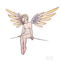 2d angel blonde_hair female h1kar1ko halo mercy naked overwatch pale_skin small_breasts tagme wings