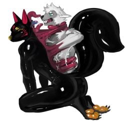 a_hot_hot_doggy anthro black_fox_(xiaofanaowu2333) canid canine canis clothing fox hi_res latex latex_clothing latex_skinsuit latex_transformation male mammal restrained restrained_by_tentacles skinsuit solo tentacles tentacles_on_male tight_clothing transformation wolf