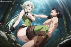 1boy 1girl ai_generated black_bow black_gloves black_hair blush boots bow breasts breasts_out brown_shorts clothed_female_nude_male clothed_sex digitalwaifugallery elf forest gloves goblin_slayer green_eyes green_hair hair_bow hetero hi_res high_elf_archer_(goblin_slayer) high_quality high_resolution long_hair medium_breasts nature nipples nude open_mouth outdoors patreon patreon_username penis pointy_ears pussy seductive sex sexy short_hair shorts sidelocks standing_sex thighhighs tree uncensored vaginal watermark