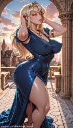 1girl ai_generated alternate_costume armlet ass backdoorsenpai battletoads big_ass blonde_hair blue_dress blue_eyes breasts covered_nipples curvy egao female_focus high_heels lipstick long_hair medium_breasts naughty_face naugty_eyes necklace perky_breasts princess_angelica rubbing_eyes sleepy solo thick_thighs thighs tiara wide_hips