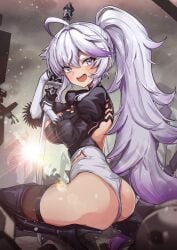 1girl 1girls 2b_(nier:automata) 2b_(nier:automata)_(cosplay) absurdres ahoge ass back_cutout black_dress blue_eyes boots cleavage_cutout clothing_cutout cosplay dress elia_stellaria feather-trimmed_sleeves feather_trim female gradient_hair high_heel_boots high_heels highleg highleg_leotard highres holding holding_weapon indie_virtual_youtuber juliet_sleeves lens_flare leotard long_hair long_sleeves looking_at_viewer makeup multicolored_hair no_blindfold ponytail puffy_sleeves purple_hair ruins sitting smile solo sun thick_thighs thigh_boots thighhighs thighhighs_under_boots thighs thong thong_leotard tits very_long_hair virtuous_contract vtuber wariza weapon white_hair white_leotard