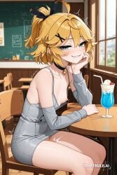 1girl ahoge ai_assisted ai_generated anime_screenshot anime_style blonde_hair blue_eyes chair cherry choker classroom cock_in_pussy collar collarbone cowgirl creampie dokibird drink drinking_straw glass green_eyes grey_dress ice_cream indoors inside leaning_forward long_dress long_sleeves moaning parted_bangs pencil_dress perfect_anatomy ponytail pussy_sex saliva scenery shaking side_view sitting sleeveless_dress smile_at_viewer smug solo spread_legs table virtual_youtuber window youtuber