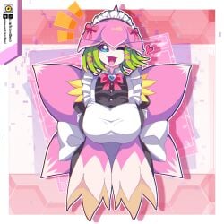 <3 1girls 2026 apron bandai_namco big_breasts blue_eyes dclaret digimon digimon_(species) female female_only flora_fauna frills green_hair hi_res lilamon looking_at_viewer maid maid_apron maid_uniform open_mouth smiling smiling_at_viewer solo wink winking_at_viewer