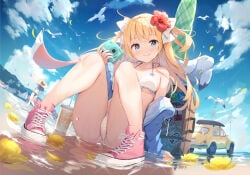 1girls beach bikini bikini_bottom bikini_top blonde_hair blush breasts cameltoe camera clothed coat emori_miku emori_miku_project female female_only flower flower_in_hair golden_hair hair_ornament hair_ribbon highres in_water leaning_back medium_breasts nijihashi_sora on_ground open_coat open_shirt sea shoes sitting sitting_on_ground sneakers solo swimsuits tied_hair twintails underboob water wet