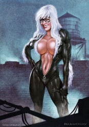1girls 2017 big_breasts black_cat_(marvel) breasts cleavage felicia_hardy female huge_breasts ken_jeremiassen marvel solo spider-man_(series) white_hair wink